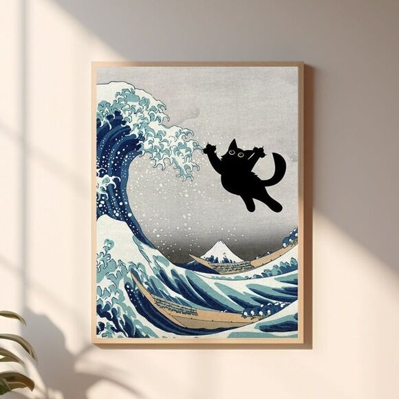 The Great Wave off Kanagawa Black Cat Print - Picture 1 of 6